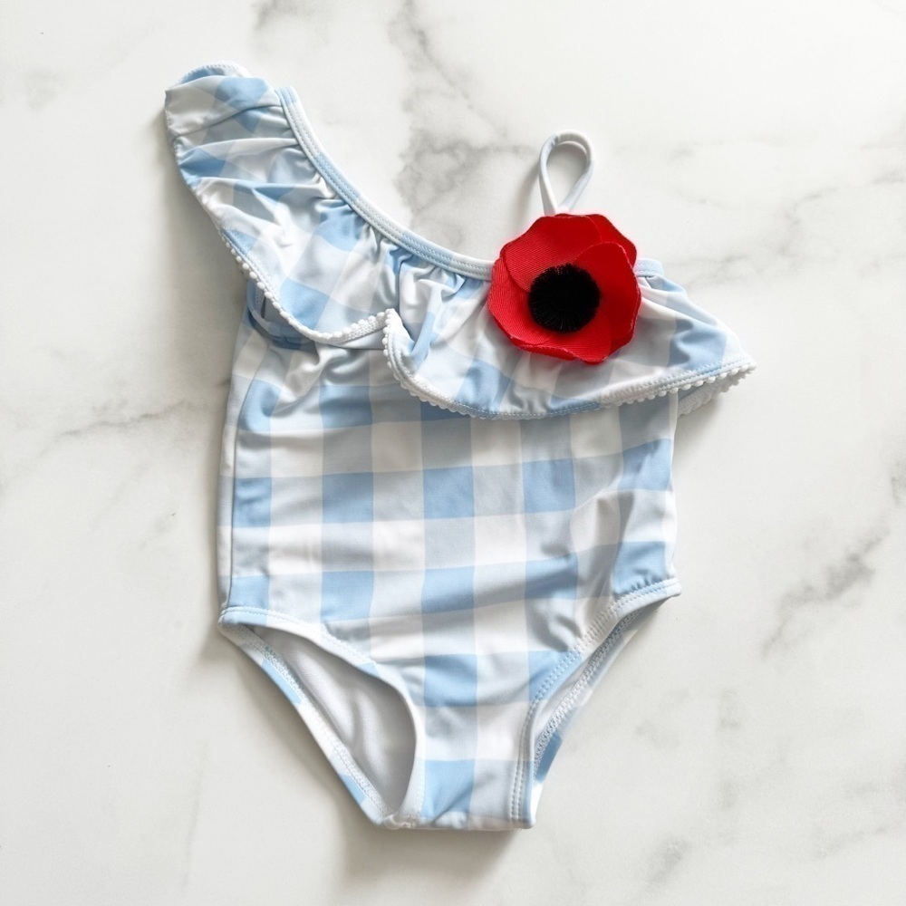 Janie And Jack One Shoulder Ruffle Gingham Blue Swimsuit Size 12-18 month